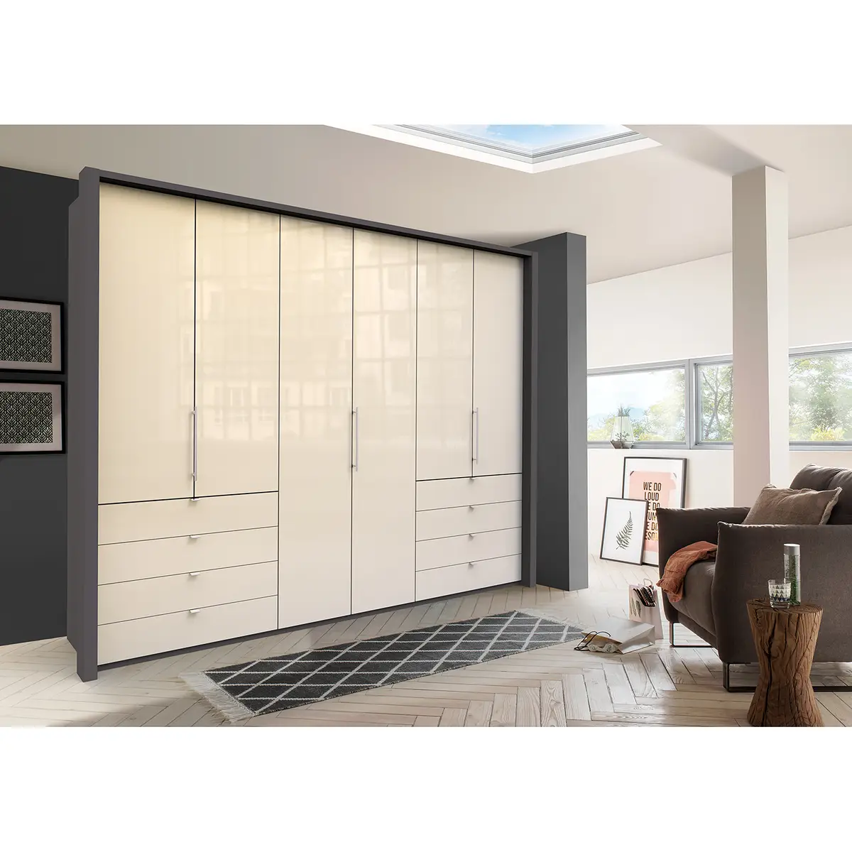 Falttürenschrank IV 300 x 236cm Schublade außen | Braun