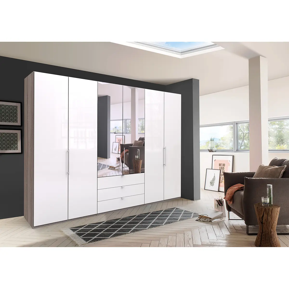 Falttürenschrank III 216cm Braun/Havanna/Glas Weiß 2 Spiegeltüren