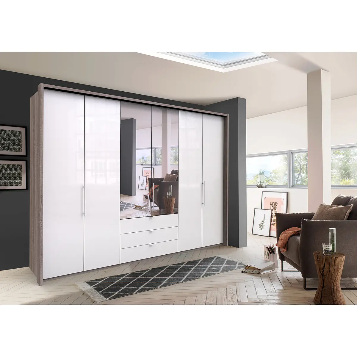 Falttürenschrank III 216cm Braun/Havanna/Glas Weiß 2 Spiegeltüren