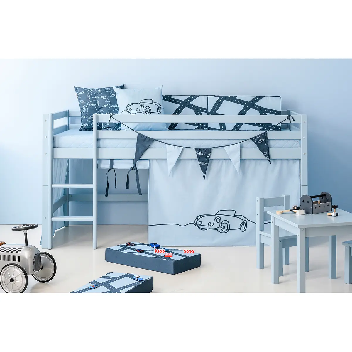Halbhochbett I 90 x 200cm Blau/Hellblau mit Leiter | Blau