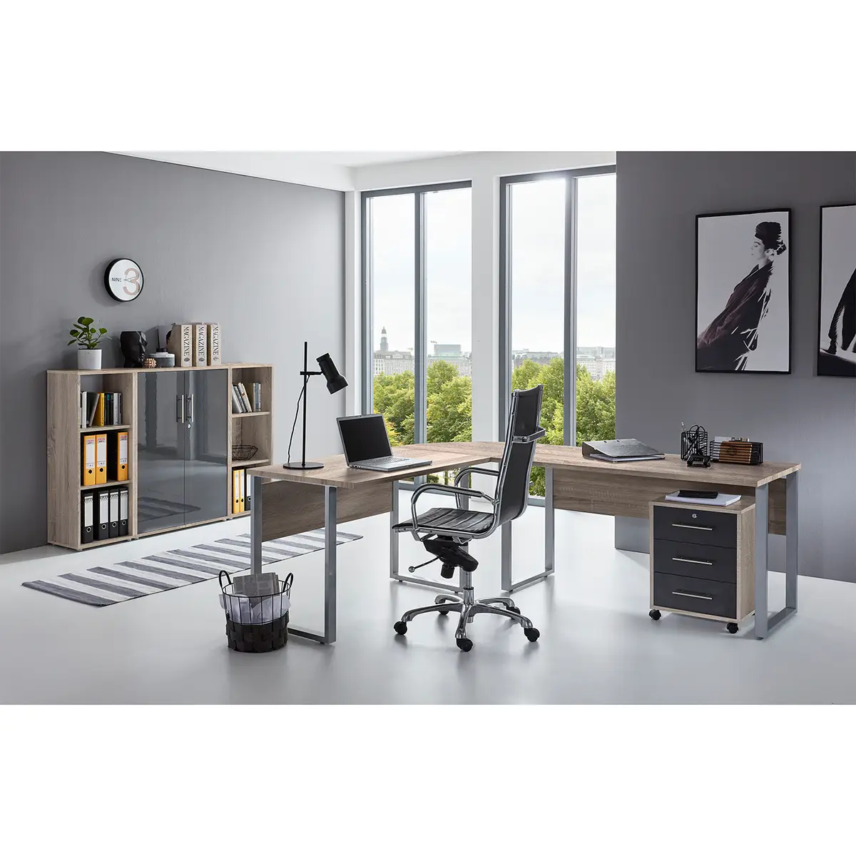 Büroset I 5-teilig Beige/Eiche Sonoma Dekor/Hochglanz Anthrazit