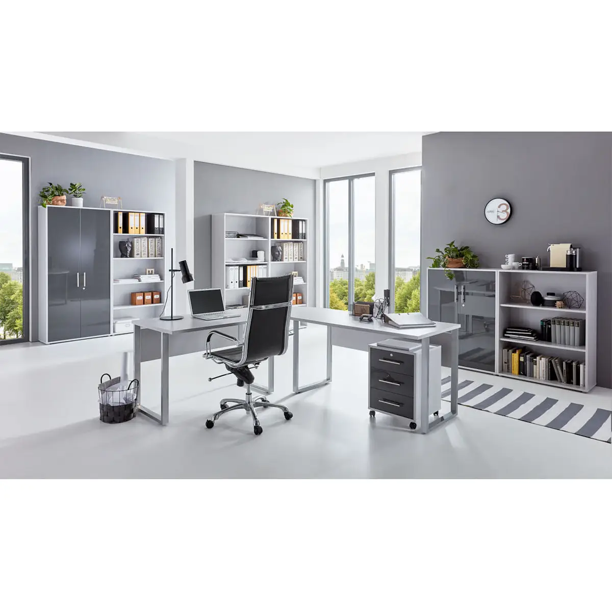Büroset IV 8-teilig Grau/Lichtgrau/Hochglanz Anthrazit | Grau