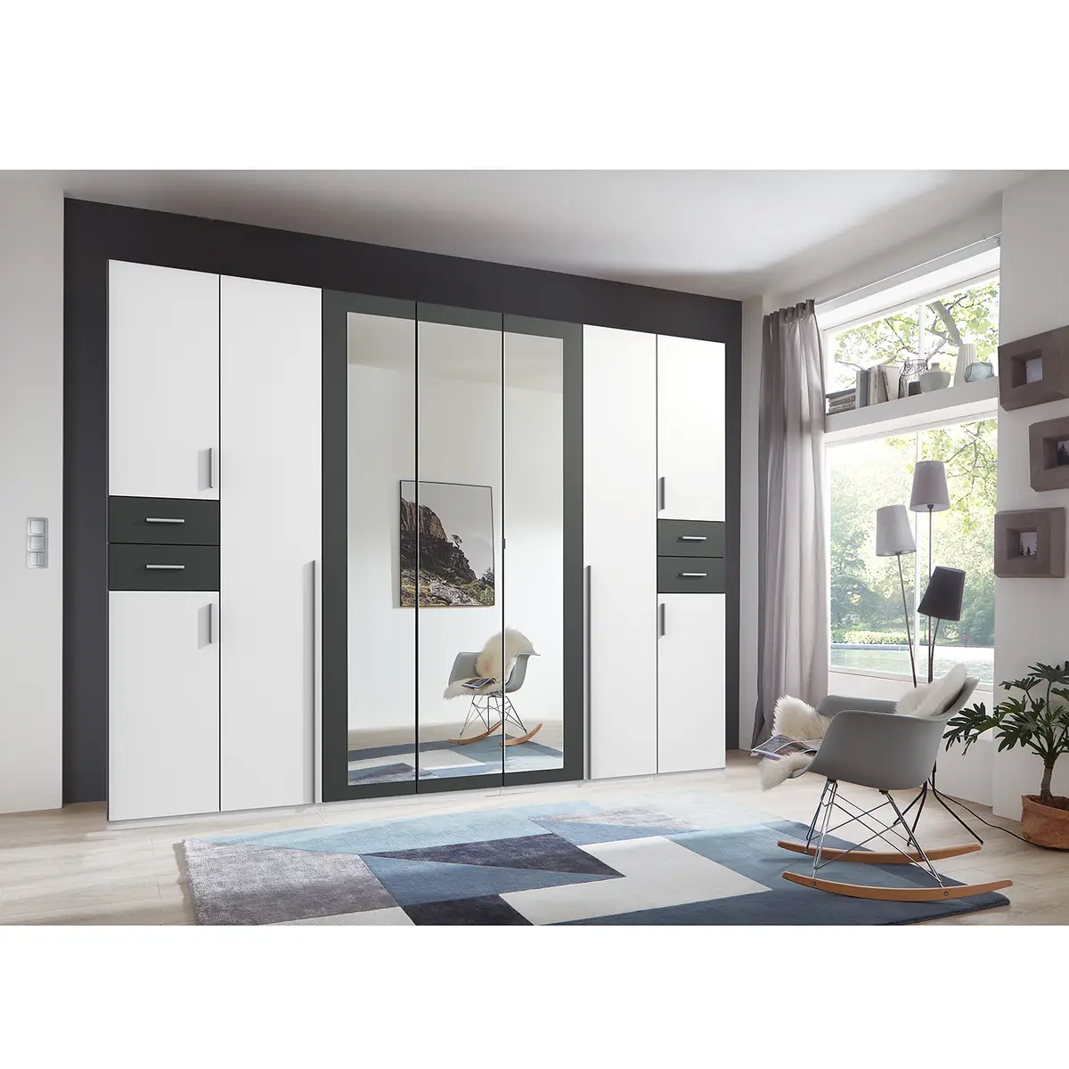 Drehtürenschrank 316cm Grau/Weiß/Weiß/Graphit | Mehrfarbig