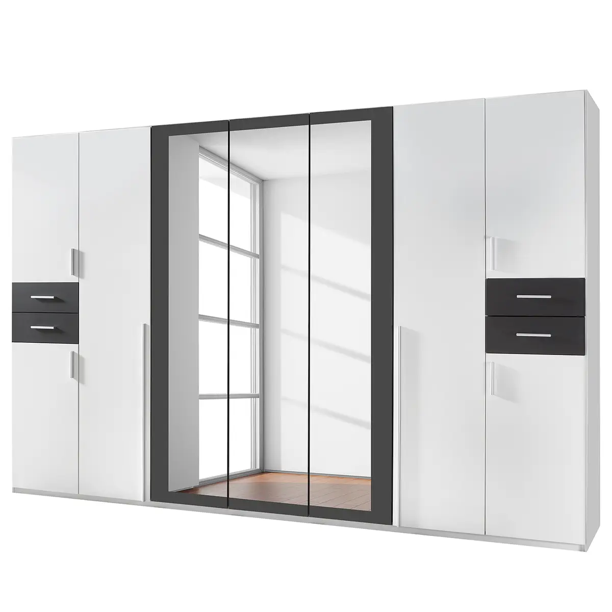 Drehtürenschrank 316cm Grau/Weiß/Weiß/Graphit | Mehrfarbig