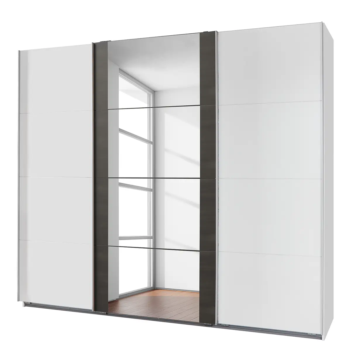 Schwebetürenschrank 270 x 210cm Grau/Weiß/Weiß/Edelstahl | Grau
