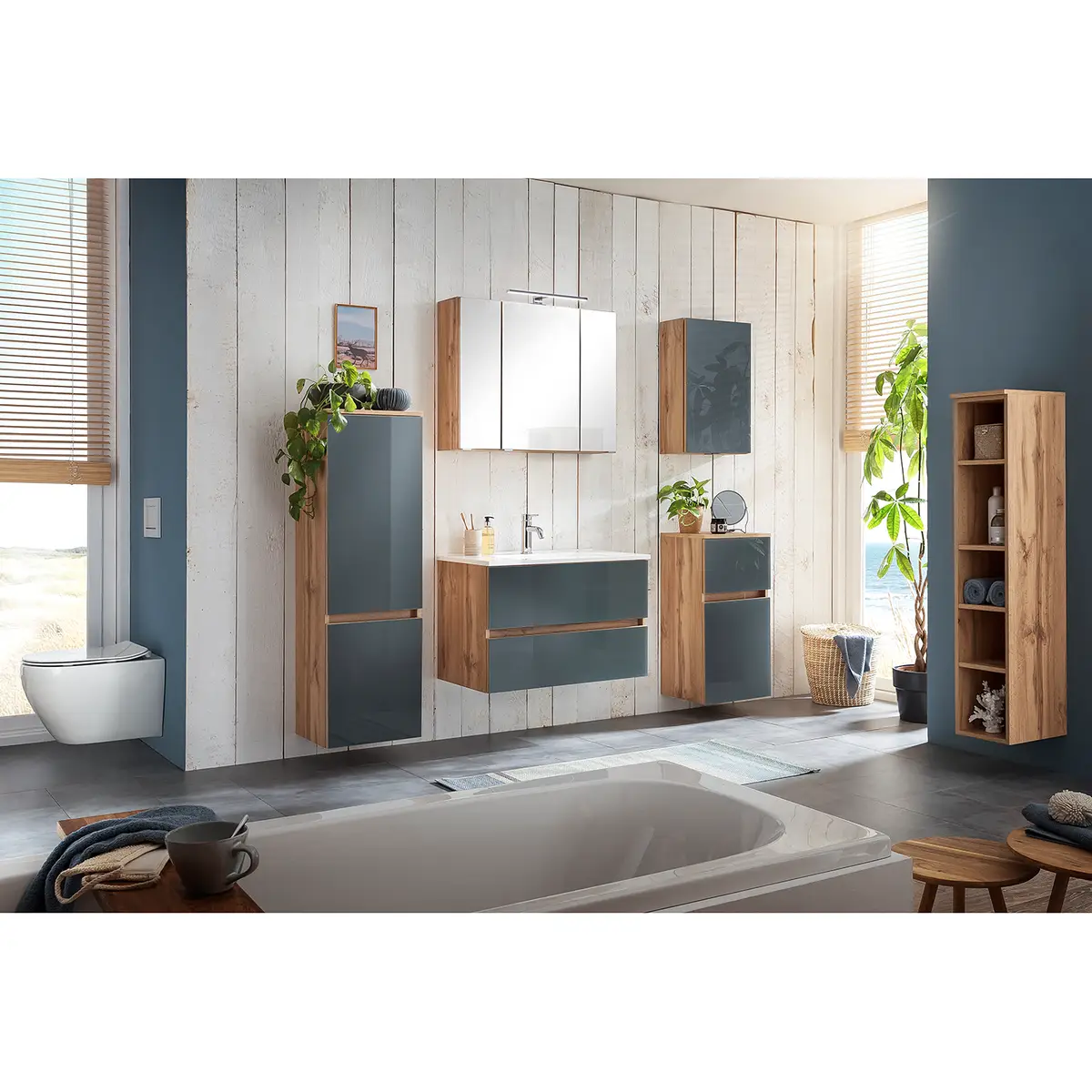 Waschtisch Tira 80cm Grau/Glas Grau/Eiche Wotan Dekor | Grau