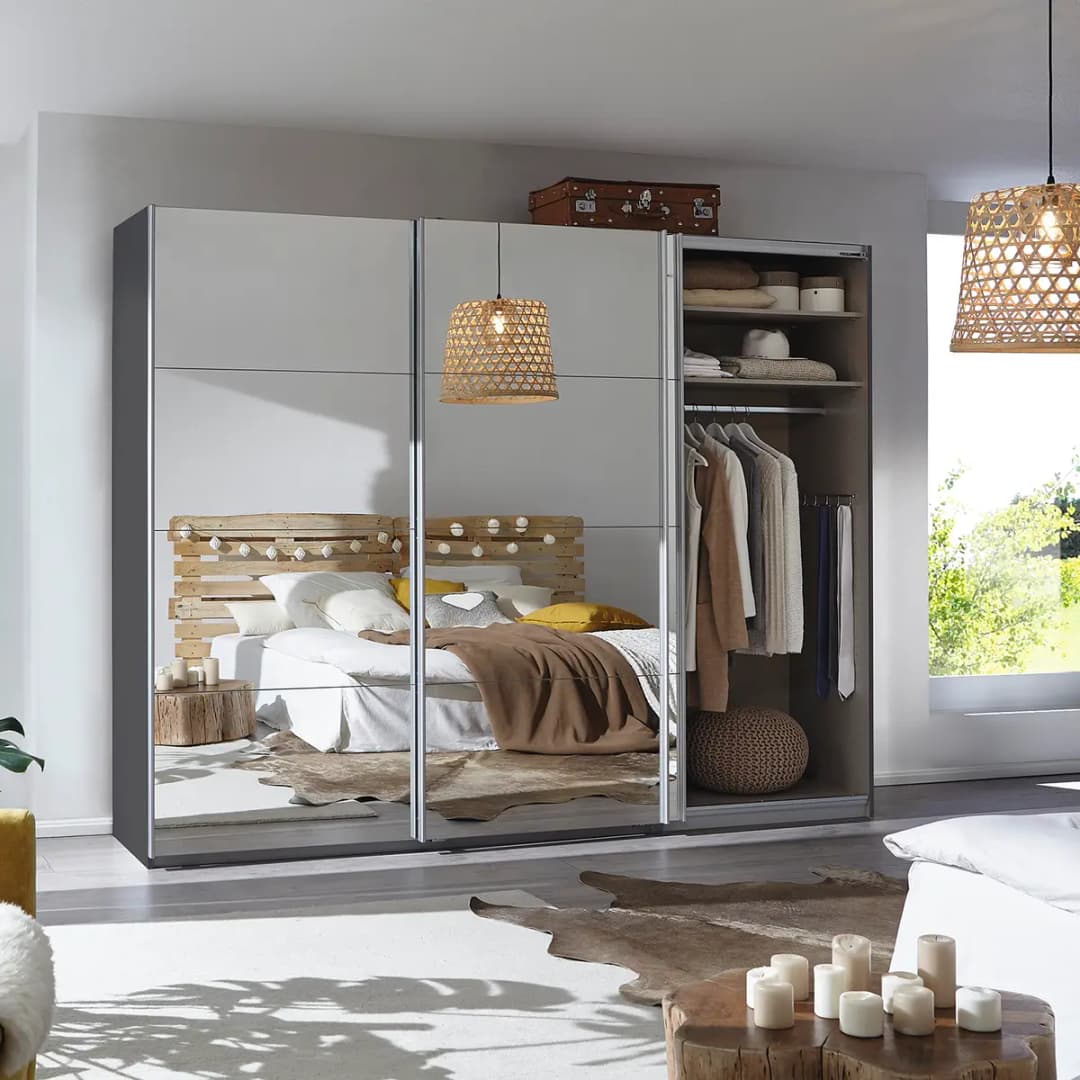 Schwebetürenschrank I 271cm Grau/Graumetallic Classic 3 Spiegeltüren