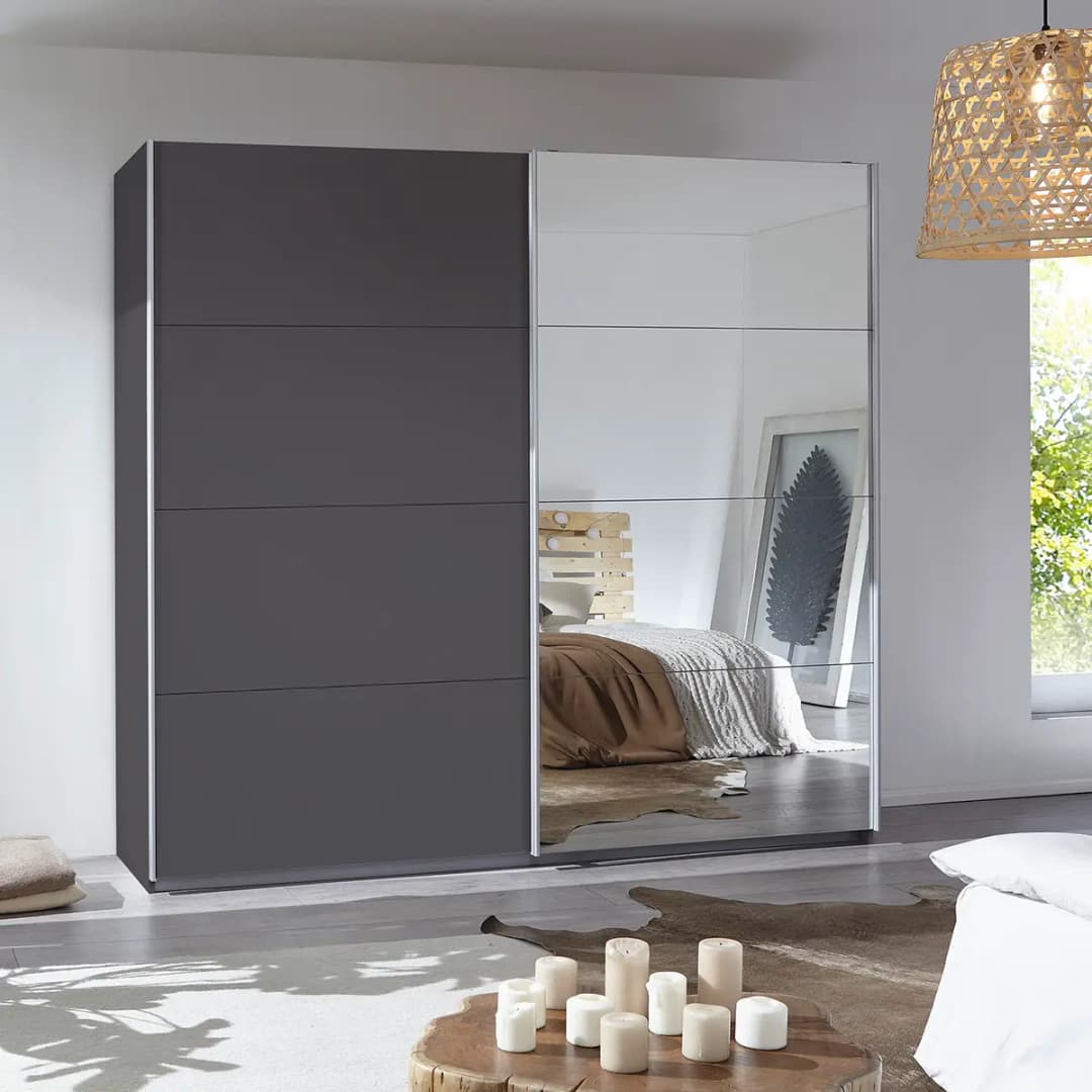 Schwebetürenschrank I 181cm Grau/Graumetallic Premium 1 Spiegeltür