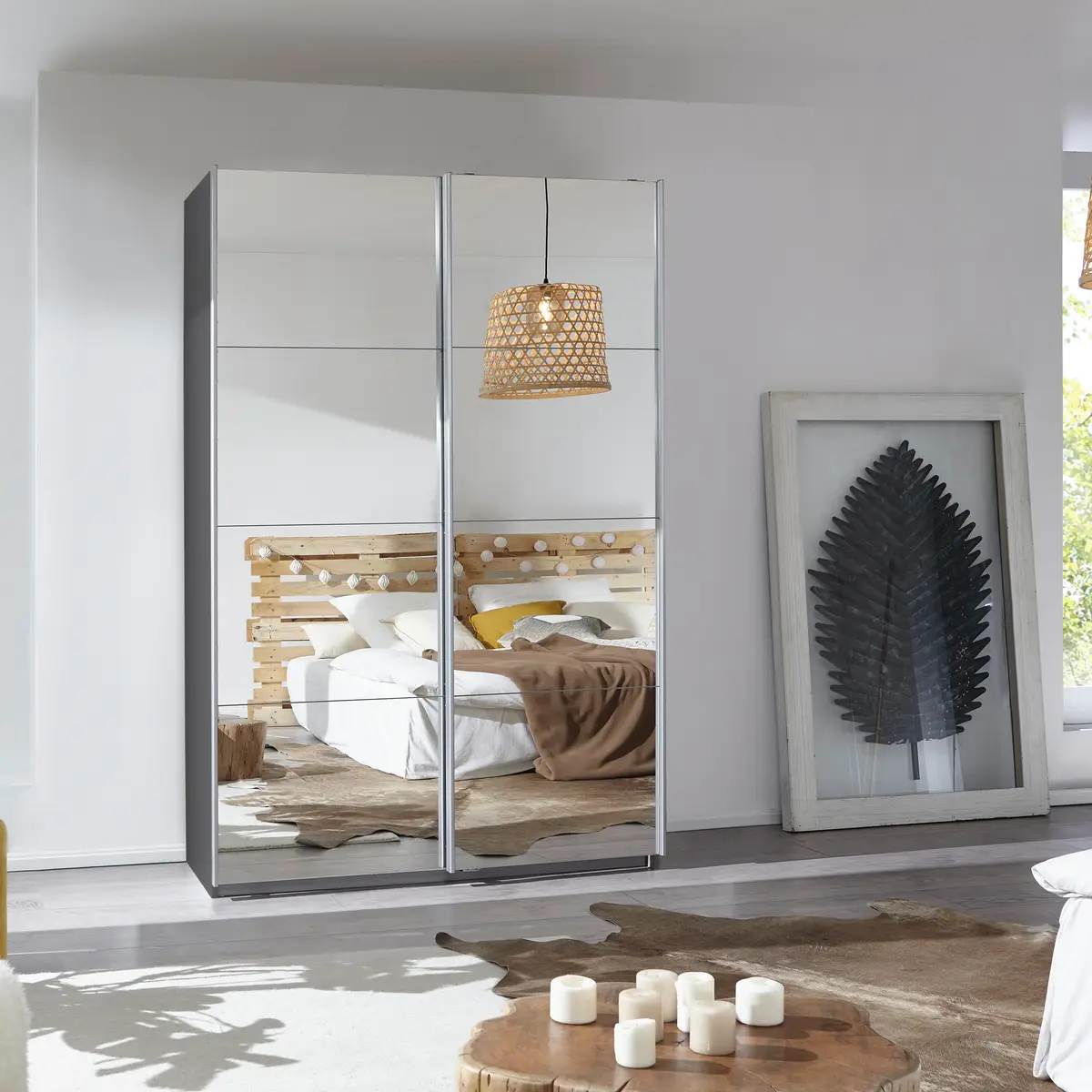 Schwebetürenschrank I 136cm Grau/Graumetallic Basic 2 Spiegeltüren
