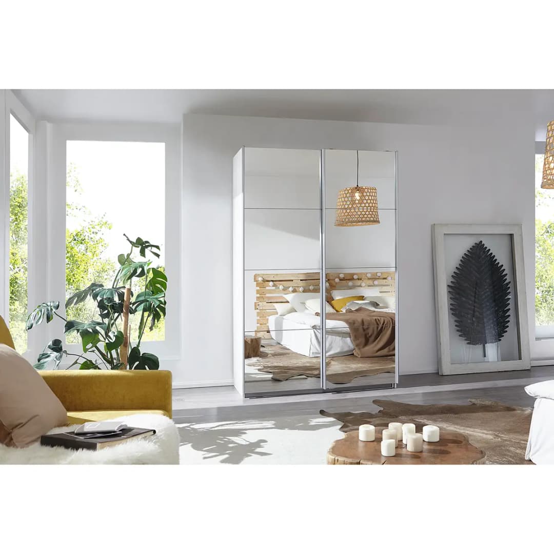 Schwebetürenschrank I 136cm Weiß/Alpinweiß Basic 2 Spiegeltüren