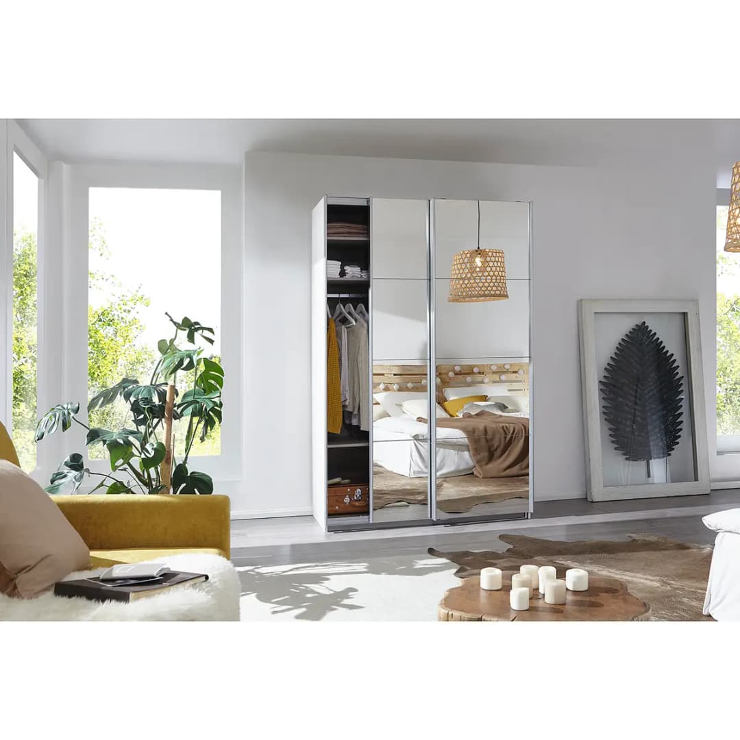 Schwebetürenschrank I 136cm Weiß/Alpinweiß Basic 2 Spiegeltüren
