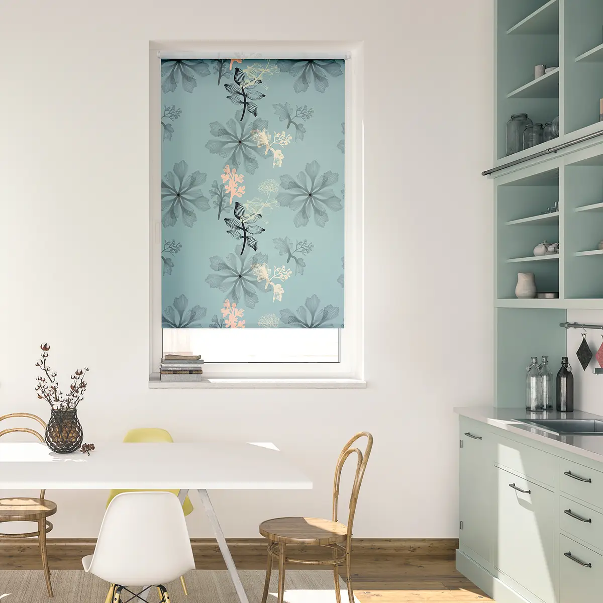 Klemmfix Verdunklungsrollo Aqua Floral | Blau