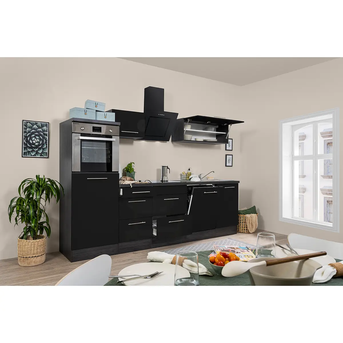 Küchenzeile Amanda IV 280cm Schwarz/Hochglanz Schwarz/Eiche Grau Dekor