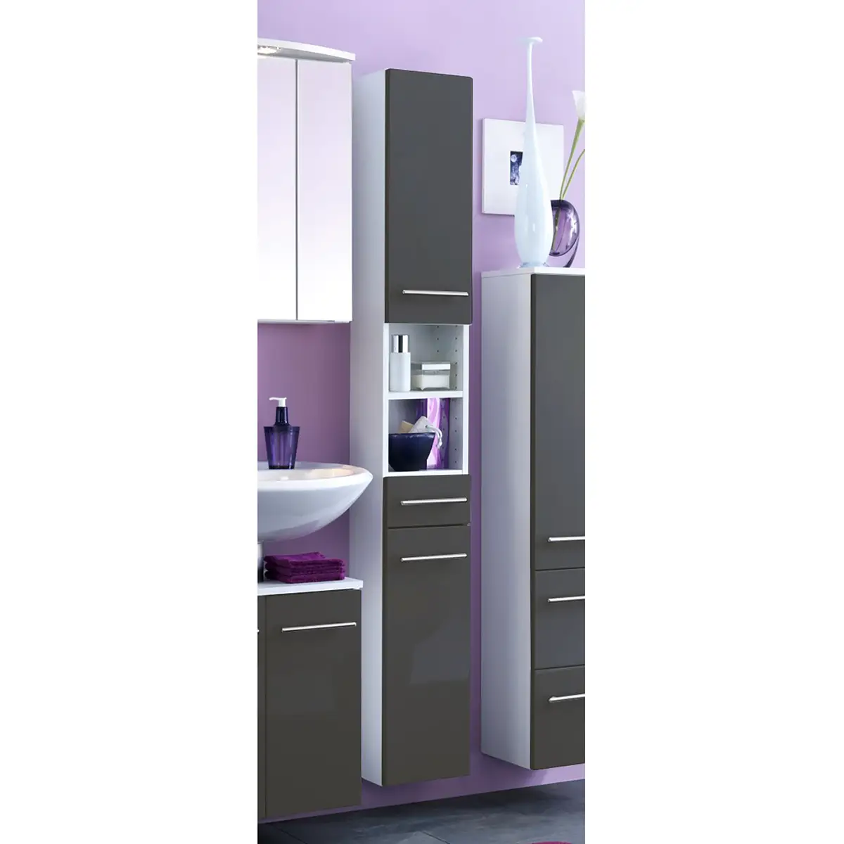 Hochschrank 25cm Grau/Hochglanz Grau | Grau