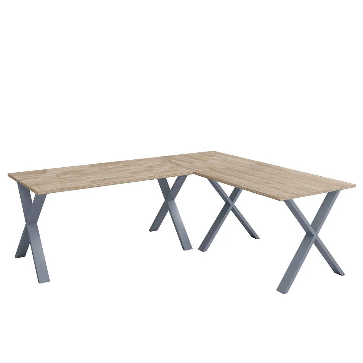 Eckschreibtisch 130 x 130cm Beige/Eiche Sonoma Dekor X-Form Silber