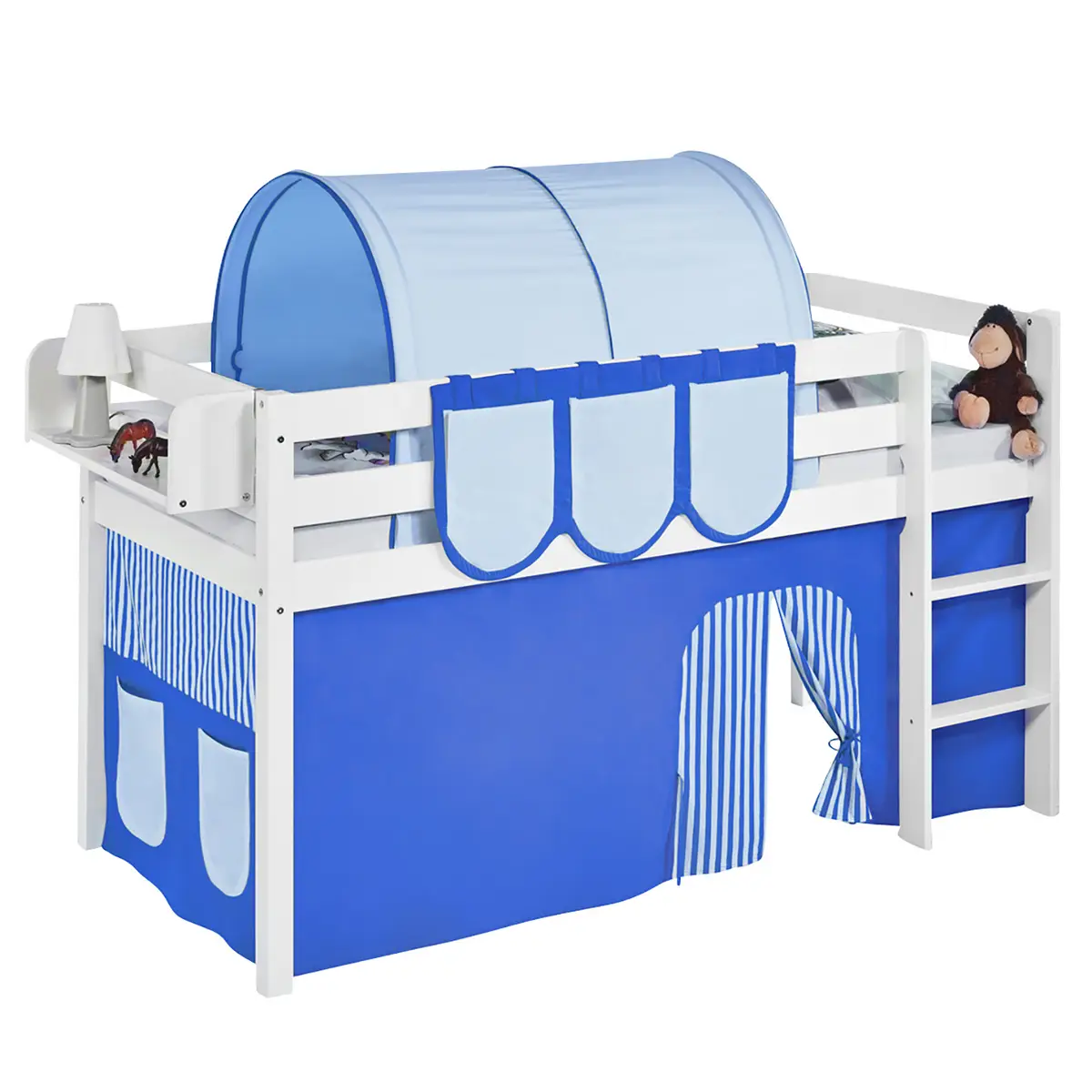 Hochbett Stripes 90 x 190cm Weiß/Blau mit Leiter | Weiß
