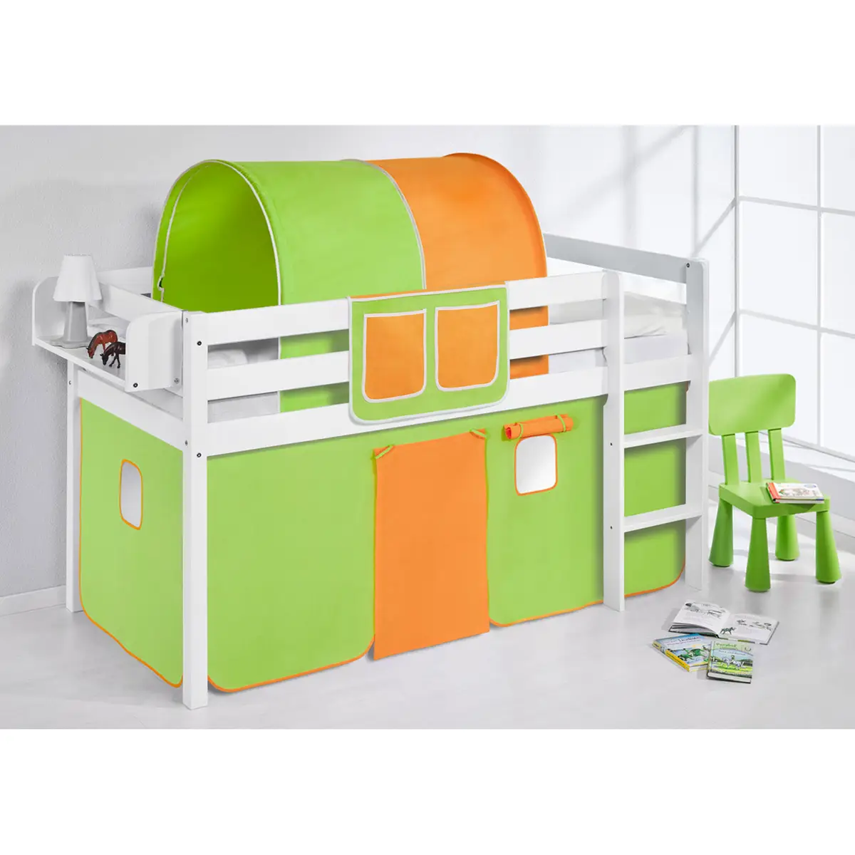 Hochbett Colours 90 x 200cm Weiß/Grün/Orange mit Leiter | Weiß