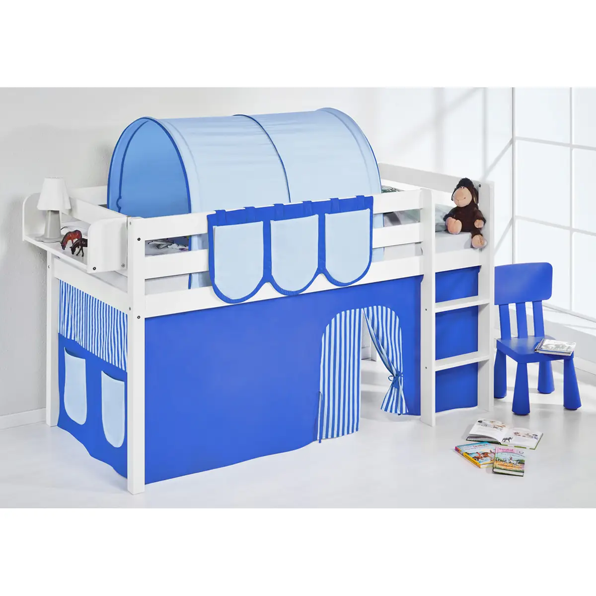 Hochbett Stripes 90 x 200cm Weiß/Blau mit Leiter | Weiß