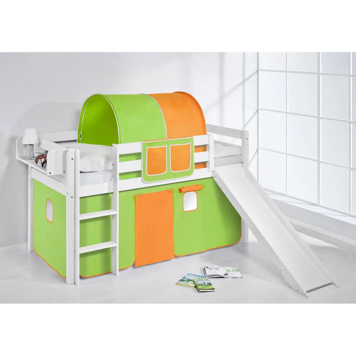 Hochbett Colours 90 x 190cm Weiß/Grün/Orange mit Rutsche