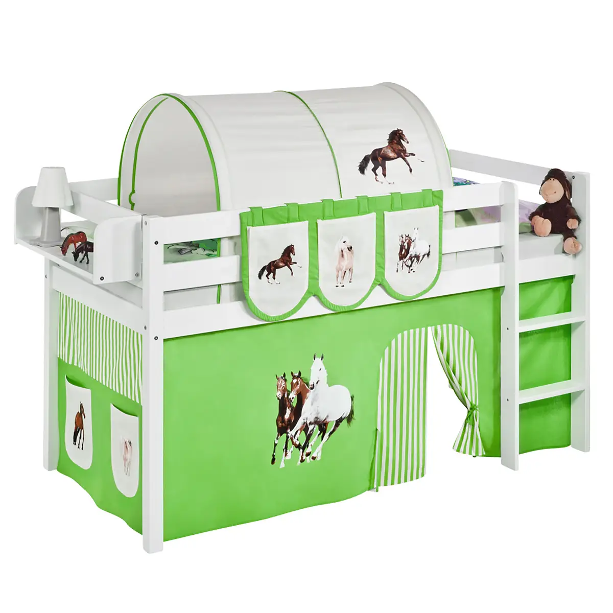 Hochbett Pferde 90 x 190cm Weiß/Hellgrün mit Leiter | Weiß