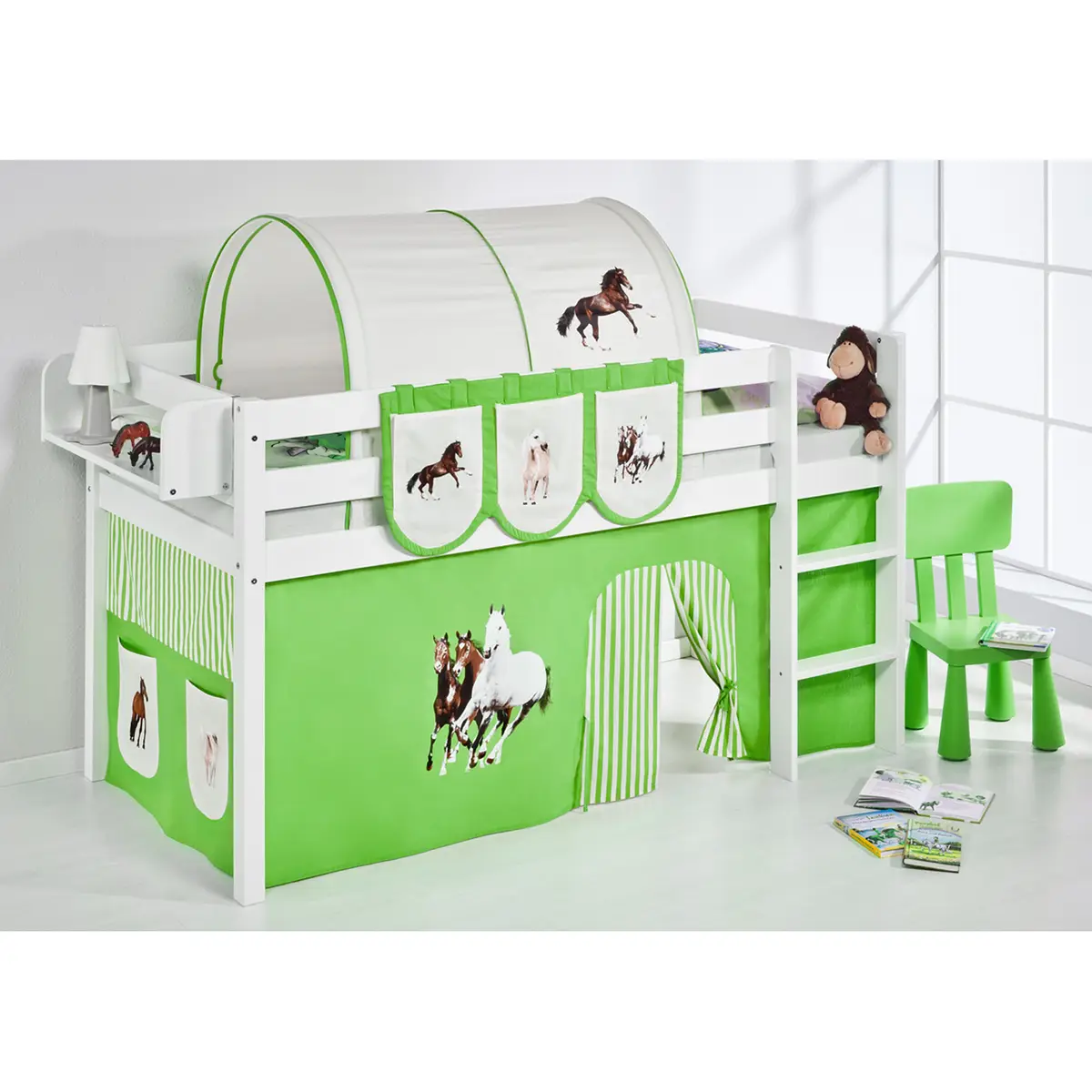 Hochbett Pferde 90 x 190cm Weiß/Hellgrün mit Leiter | Weiß