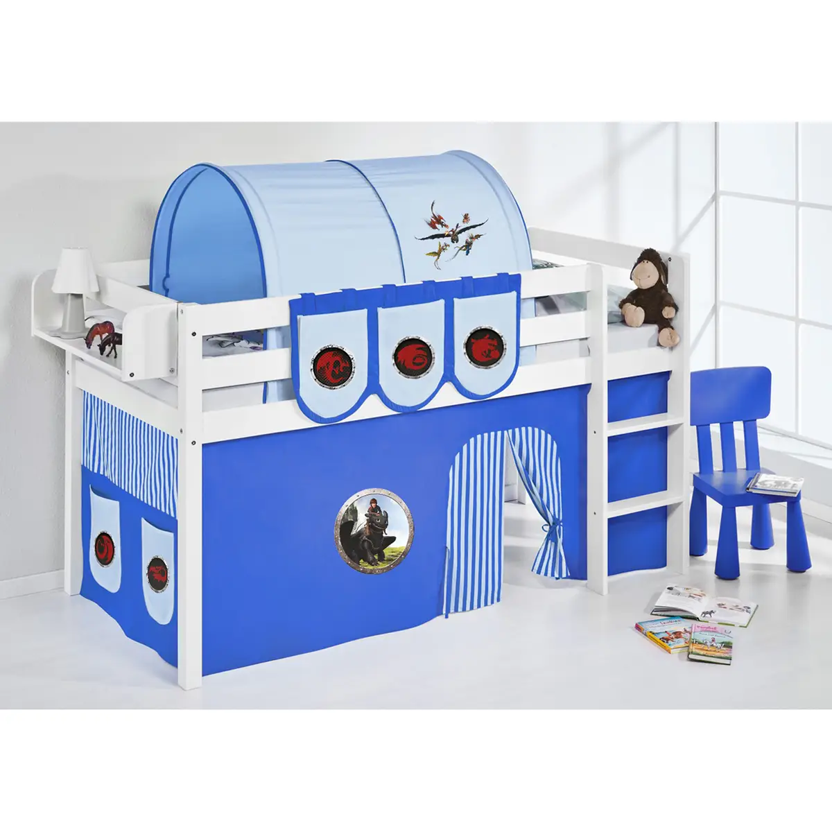 Hochbett Dragons 90 x 200cm Weiß/Blau mit Leiter | Weiß