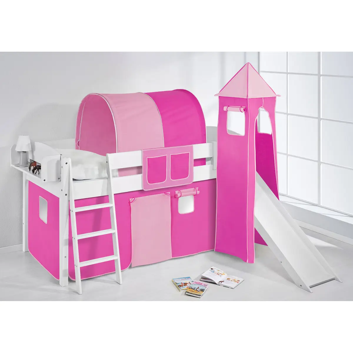 Hochbett Colours 90 x 200cm Weiß/Pink mit Rutsche & Turm/mit