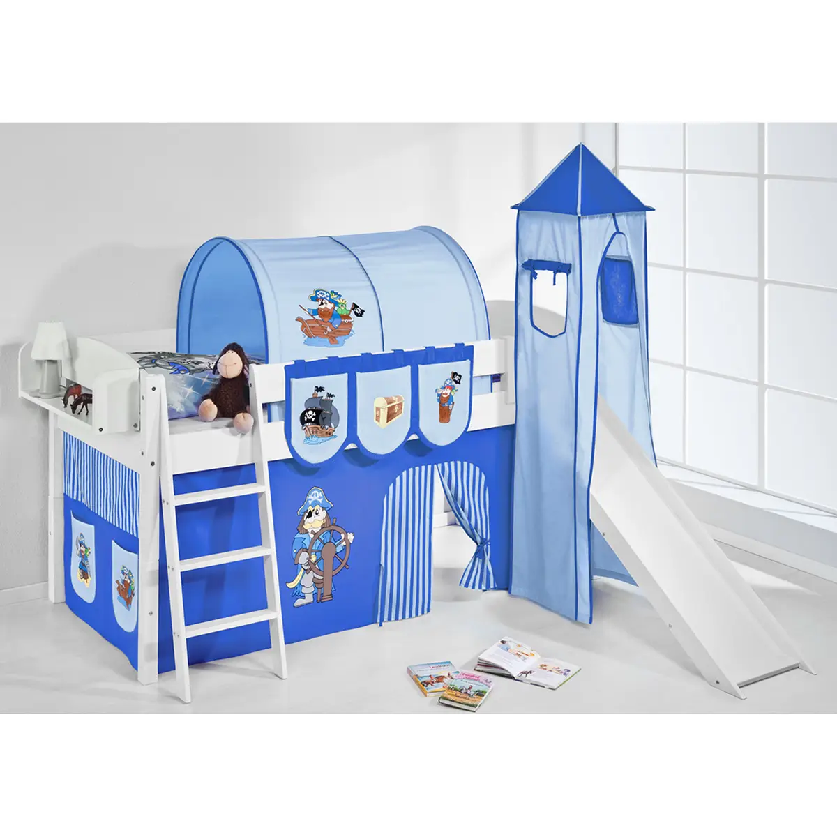 Hochbett Pirat 90 x 200cm Weiß/Blau mit Rutsche & Turm/mit Leiter