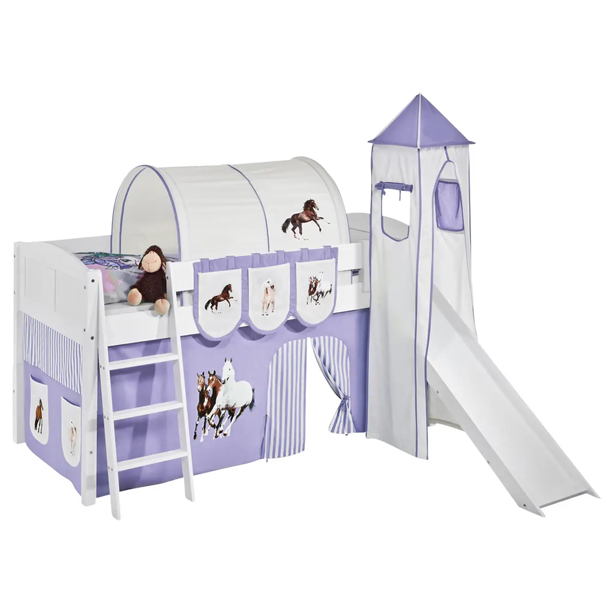 Hochbett Pferde 90 x 200cm Weiß/Flieder mit Rutsche & Turm/mit Leiter