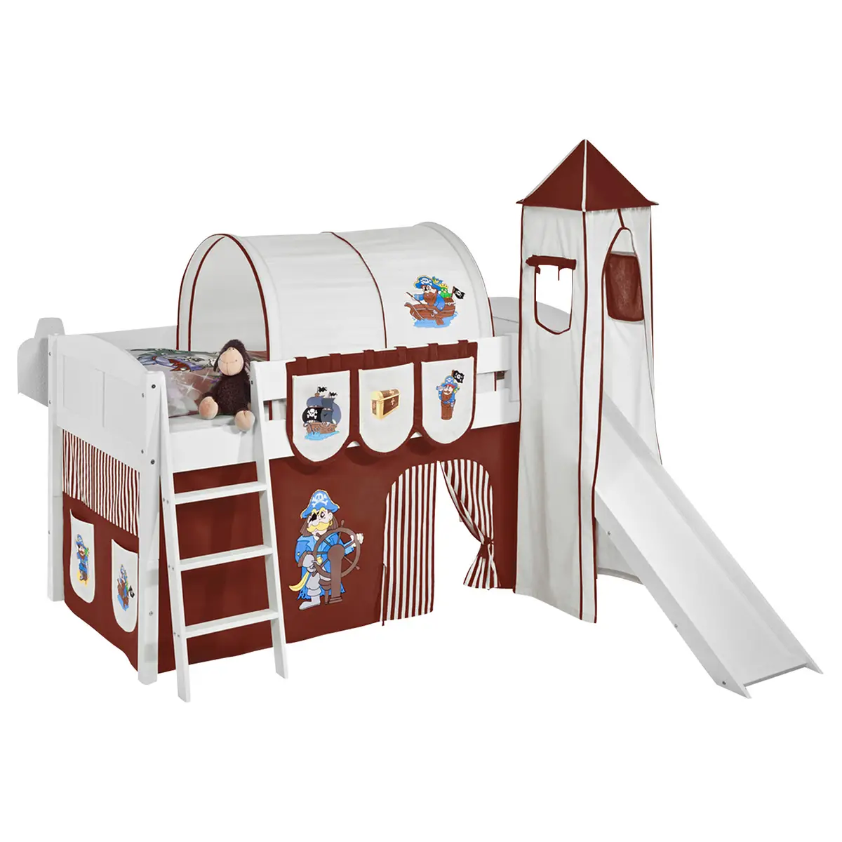 Hochbett Pirat 90 x 200cm Weiß/Braun mit Rutsche & Turm/mit Leiter