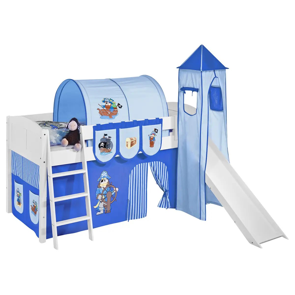 Hochbett Pirat 90 x 200cm Weiß/Blau mit Rutsche & Turm/mit Leiter