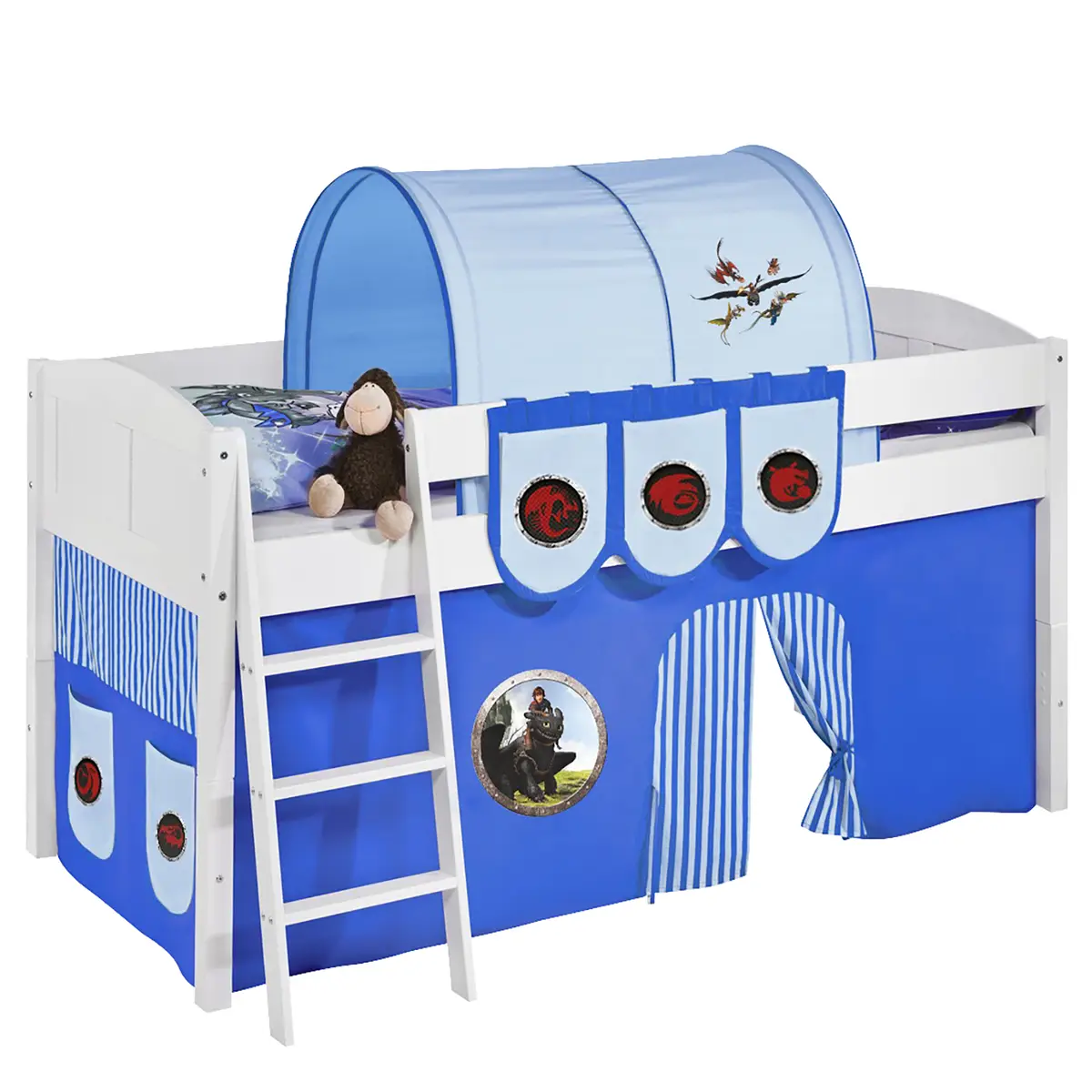 Hochbett Dragons 90 x 200cm Weiß/Blau mit Leiter | Weiß
