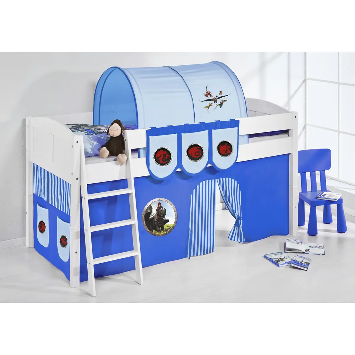 Hochbett Dragons 90 x 200cm Weiß/Blau mit Leiter | Weiß