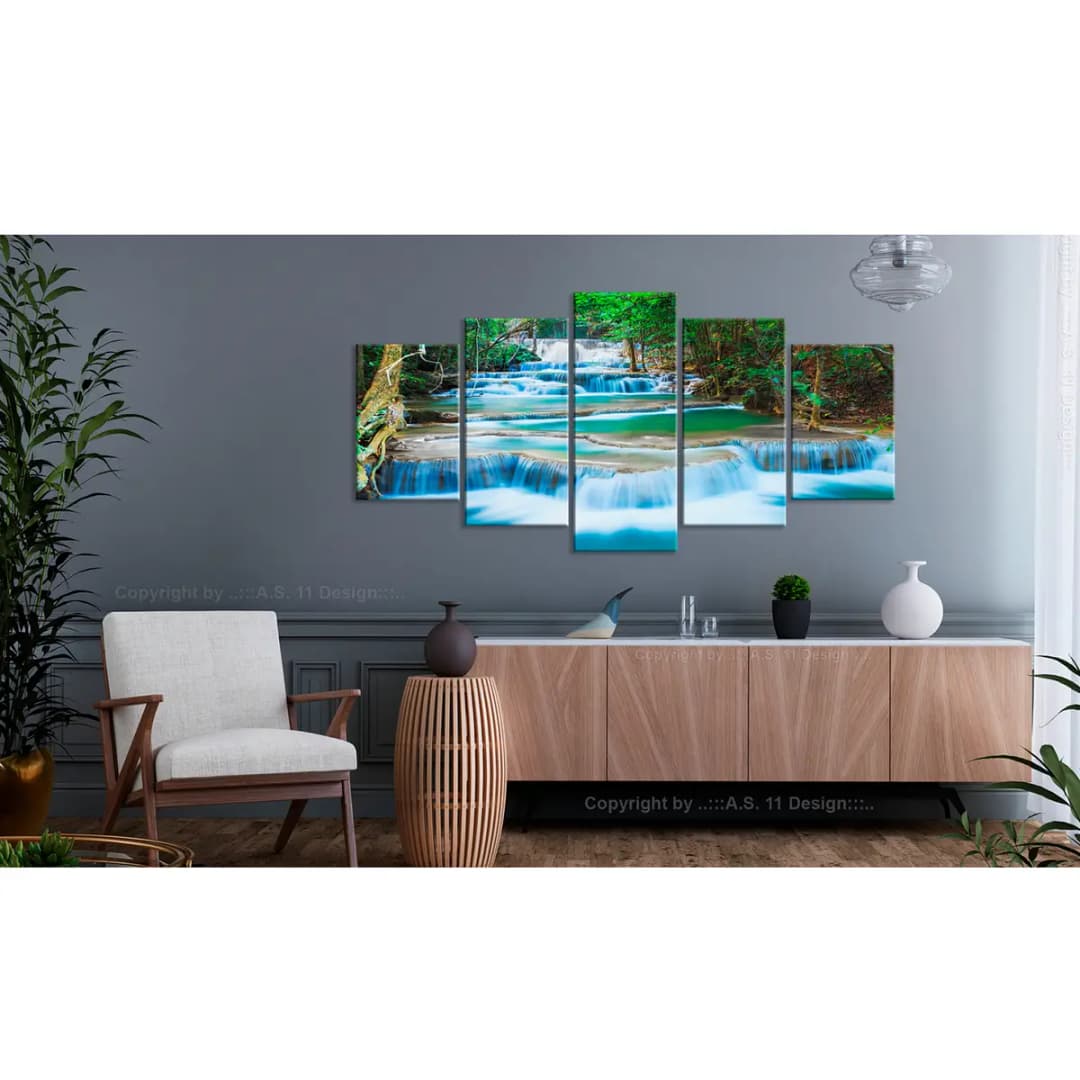 Wandbild Blauer Wasserfall in Thailand Leinen Blau 200 x 100cm | Blau