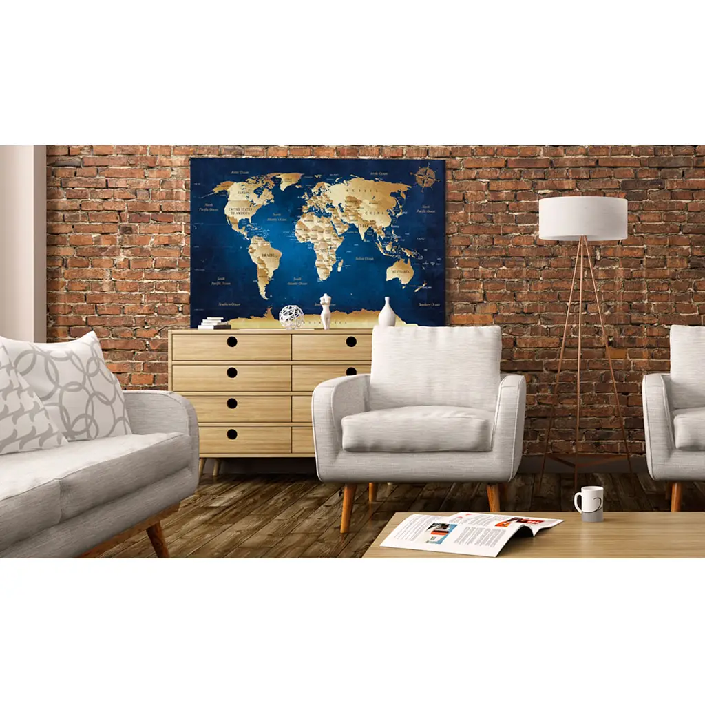 Wandbild World Map: The Dark Blue Depths Leinen Blau 90 x 60cm | Blau