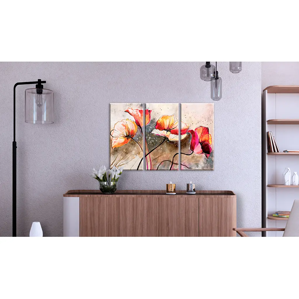 Wandbild Mohnblumen im Wind Leinen Beige 120 x 80cm | Beige