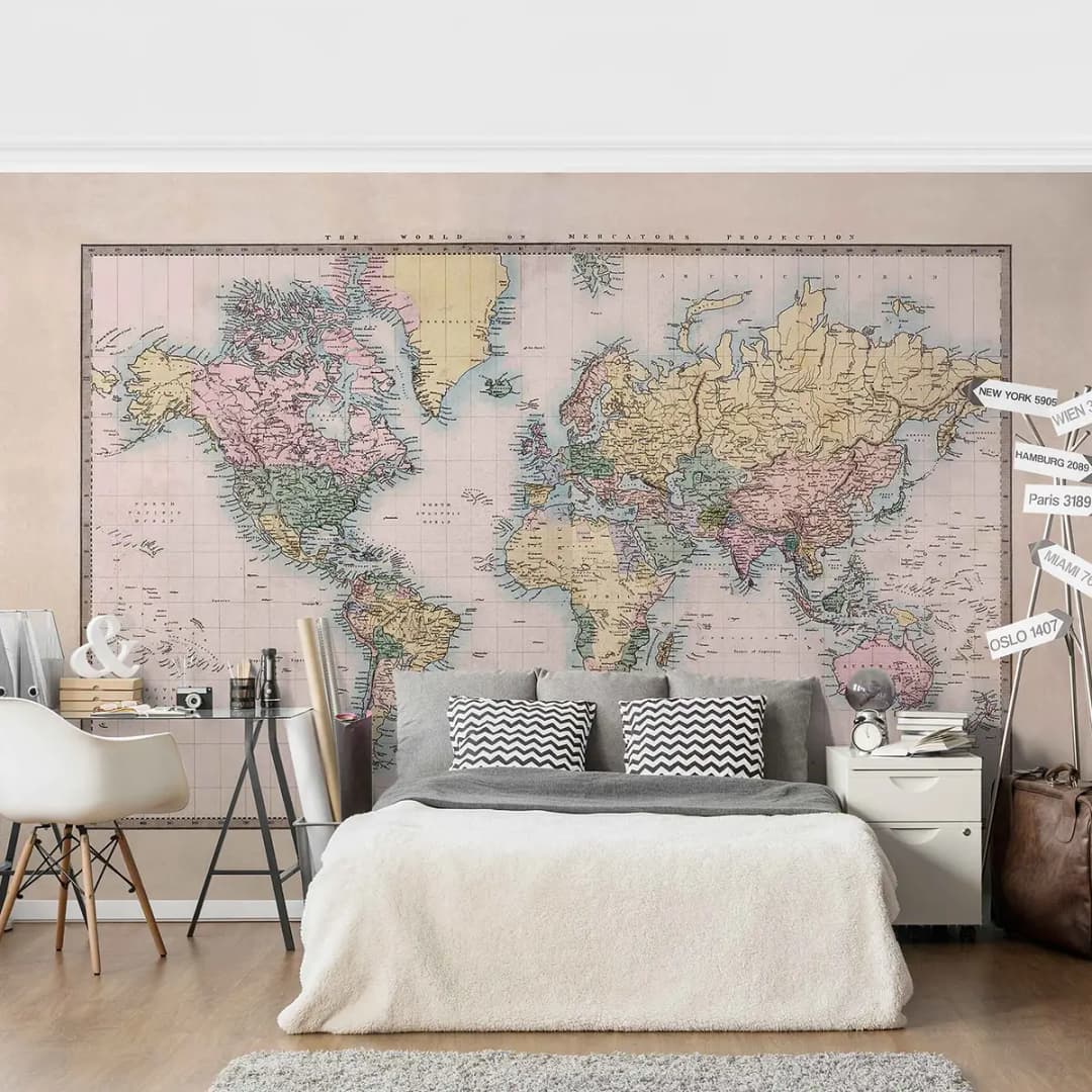 Vliestapete Vintage Weltkarte | Beige