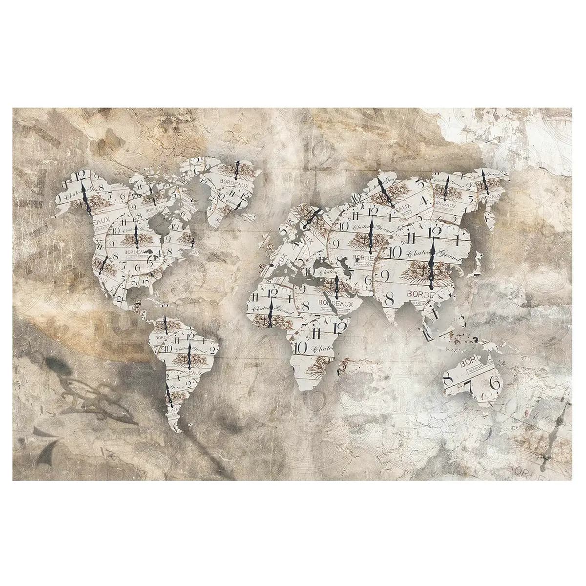 Vliestapete Shabby Uhren Weltkarte | Beige