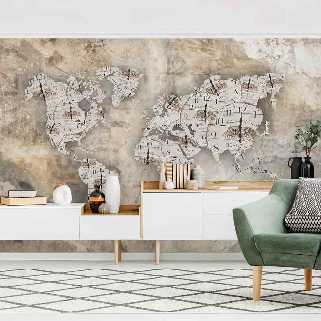Vliestapete Shabby Uhren Weltkarte | Beige