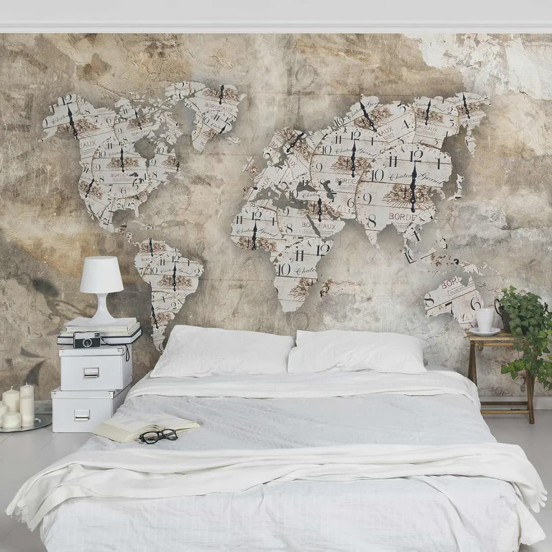 Vliestapete Shabby Uhren Weltkarte | Beige