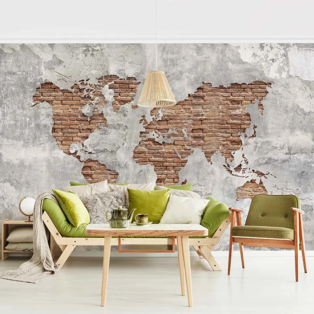 Vliestapete Shabby Beton Weltkarte | Grau