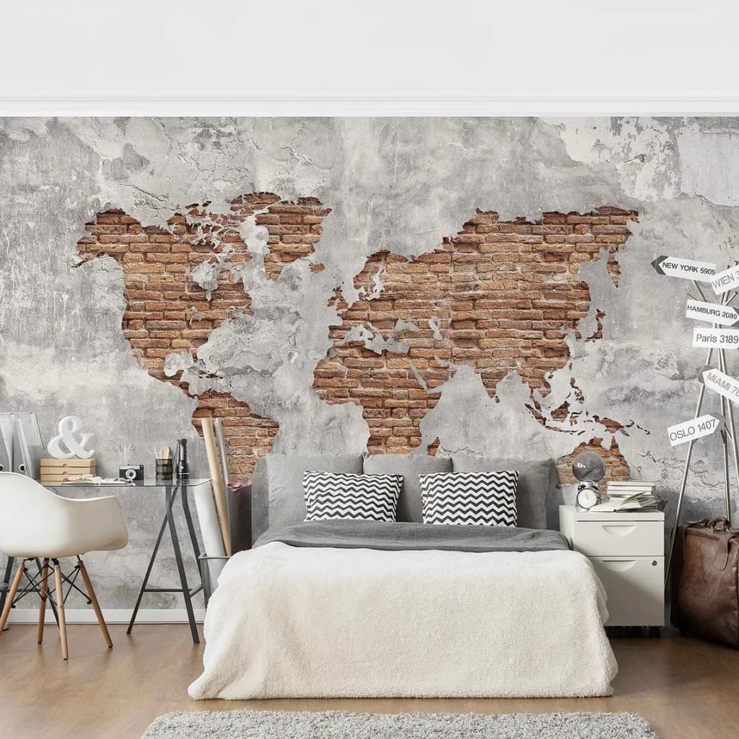 Vliestapete Shabby Beton Weltkarte | Grau