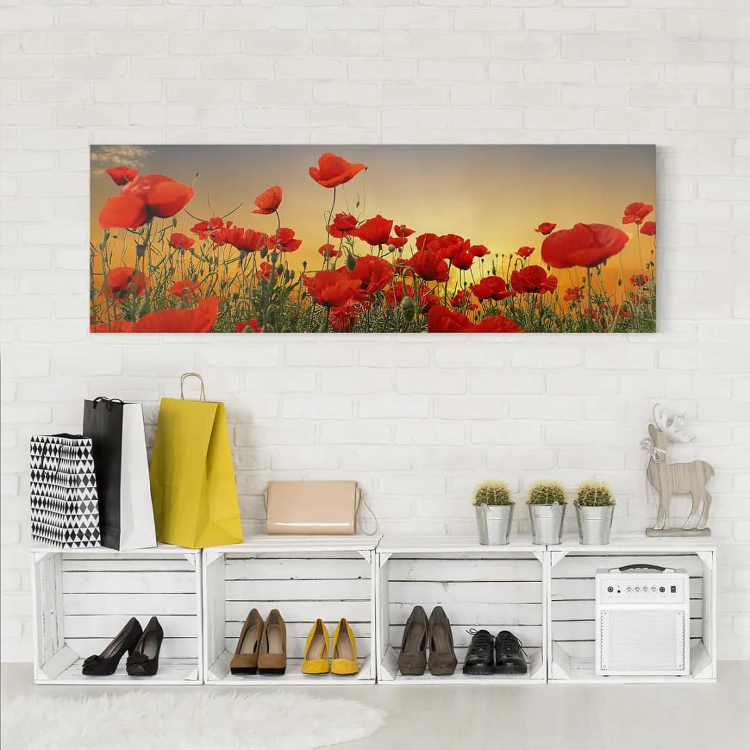 Leinwandbild Mohnblumenfeld I Leinen Rot 120cm | Rot