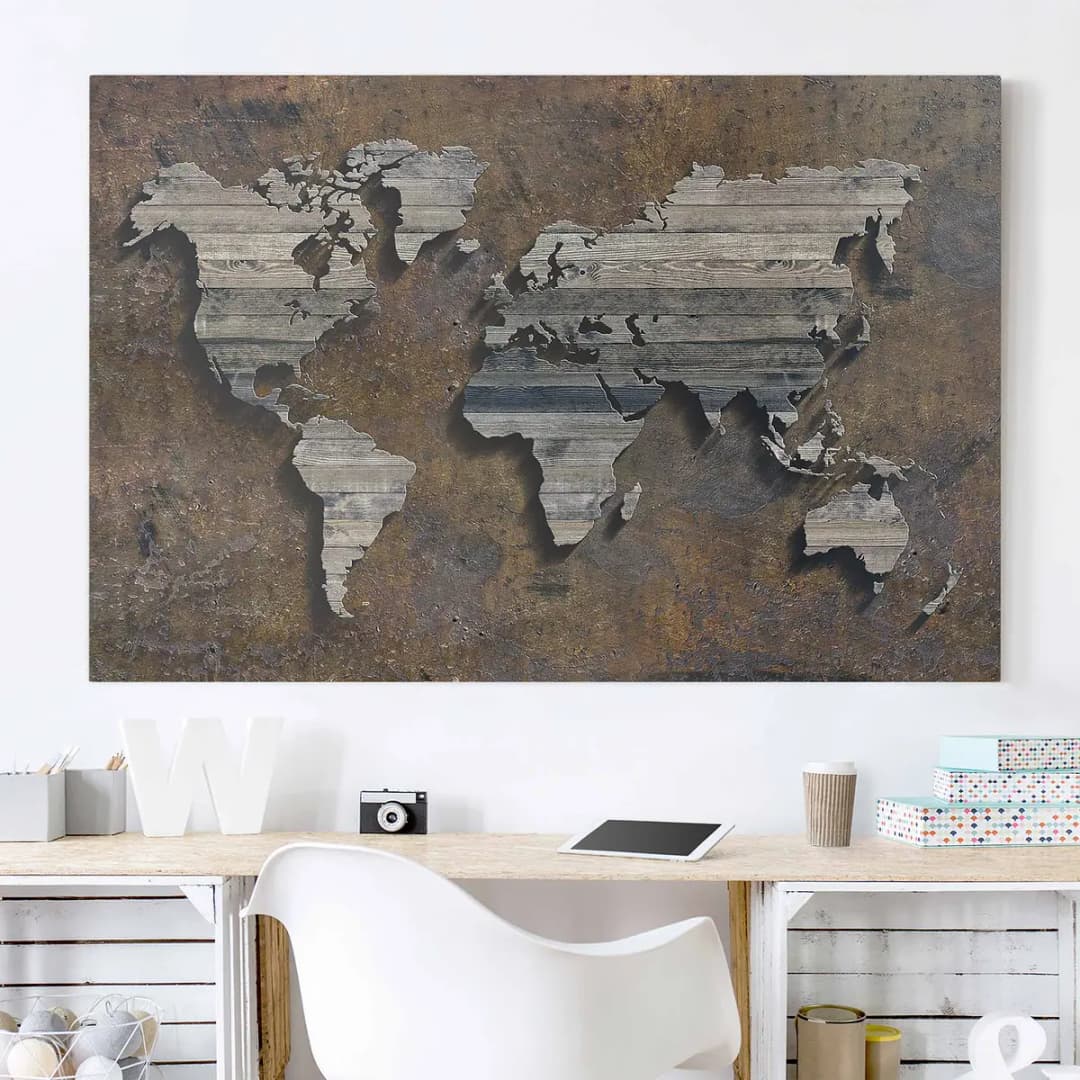 Leinwandbild Holz Rost Weltkarte | Braun