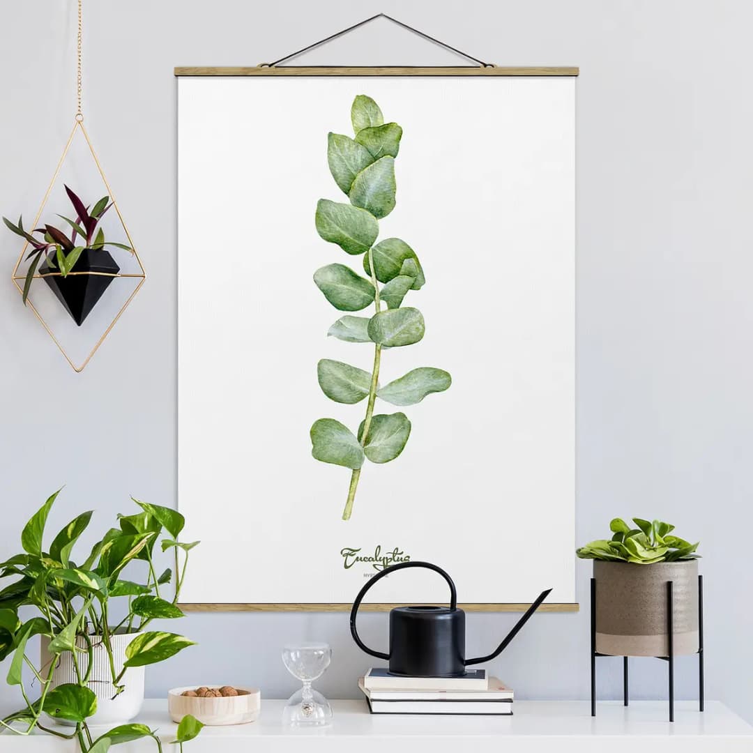 Stoffbild Aquarell Botanik Eukalyptus | Weiß