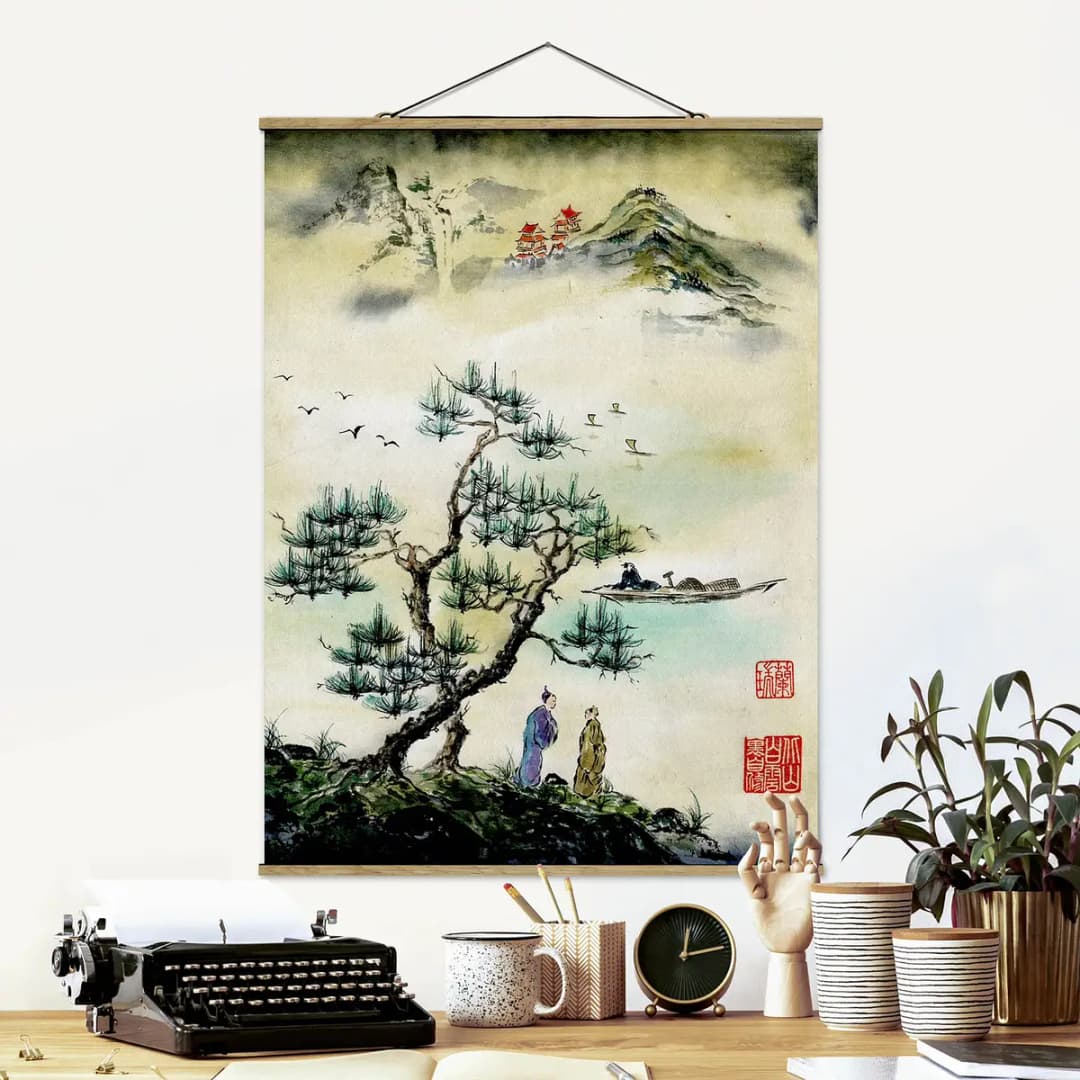 Stoffbild Japanisches Bergdorf | Grün