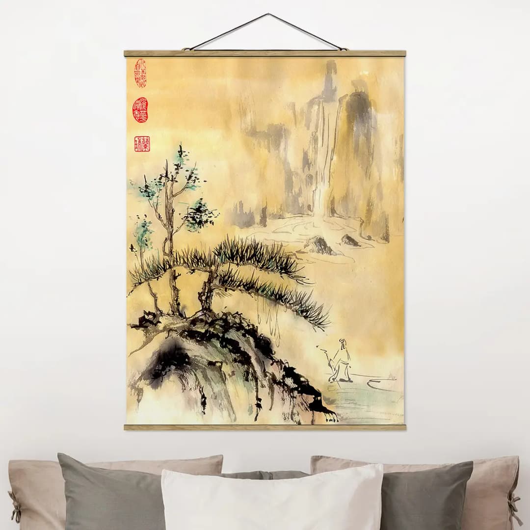 Stoffbild Japanische Zedern und Berge | Gelb
