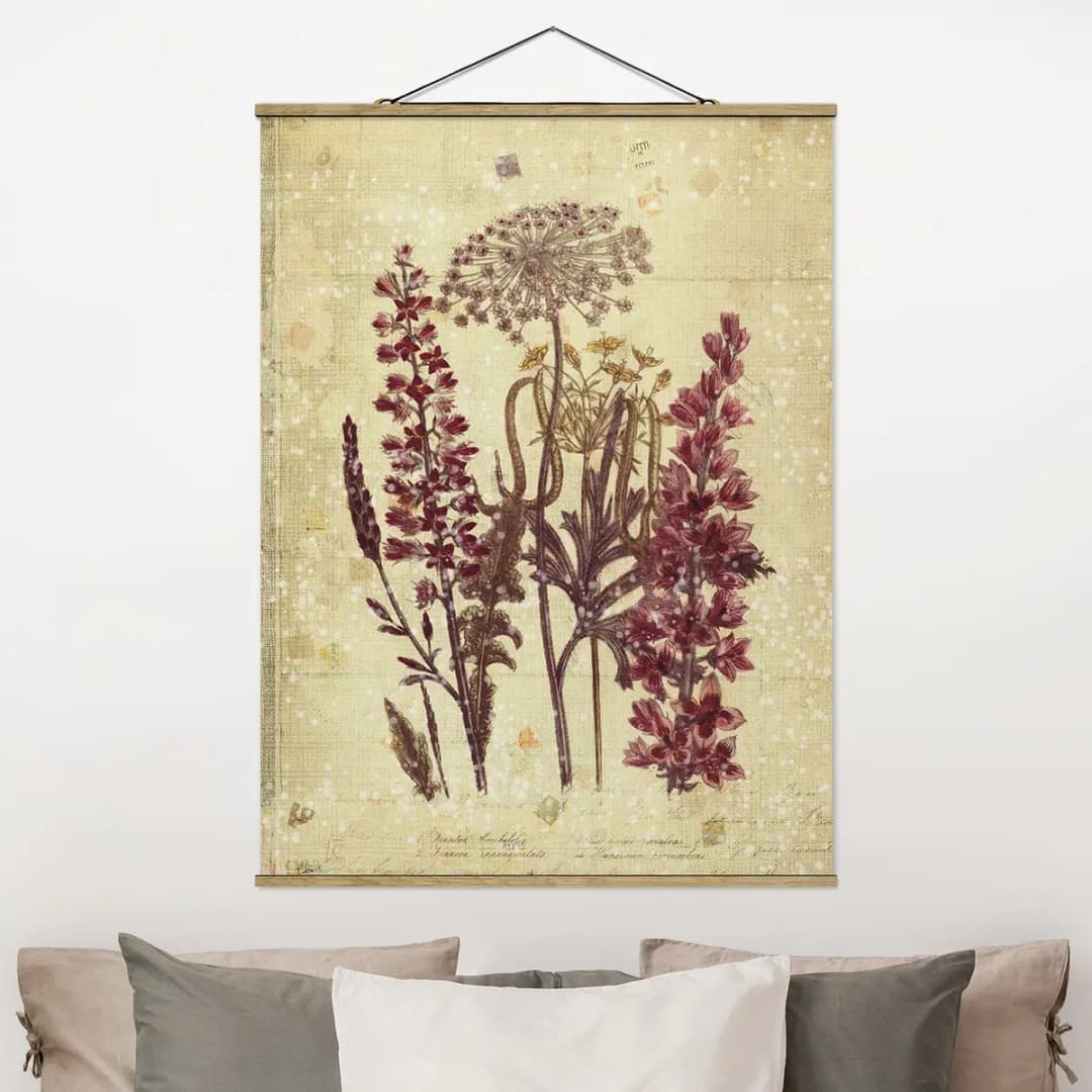 Stoffbild Vintage Leinenoptik Blumen Webstoff | Mehrfarbig