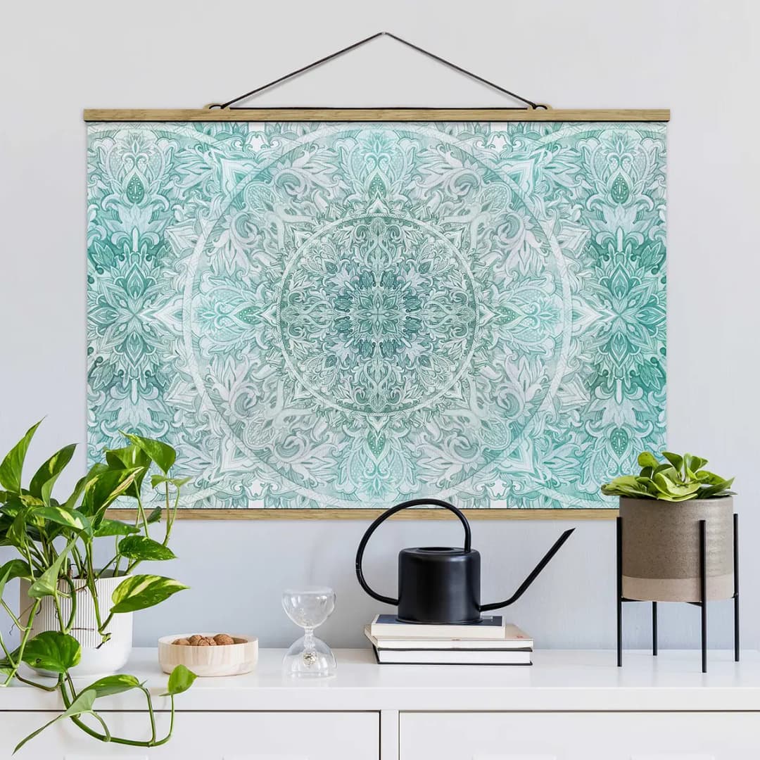 Stoffbild Mandala Aquarell Ornament Webstoff | Türkis