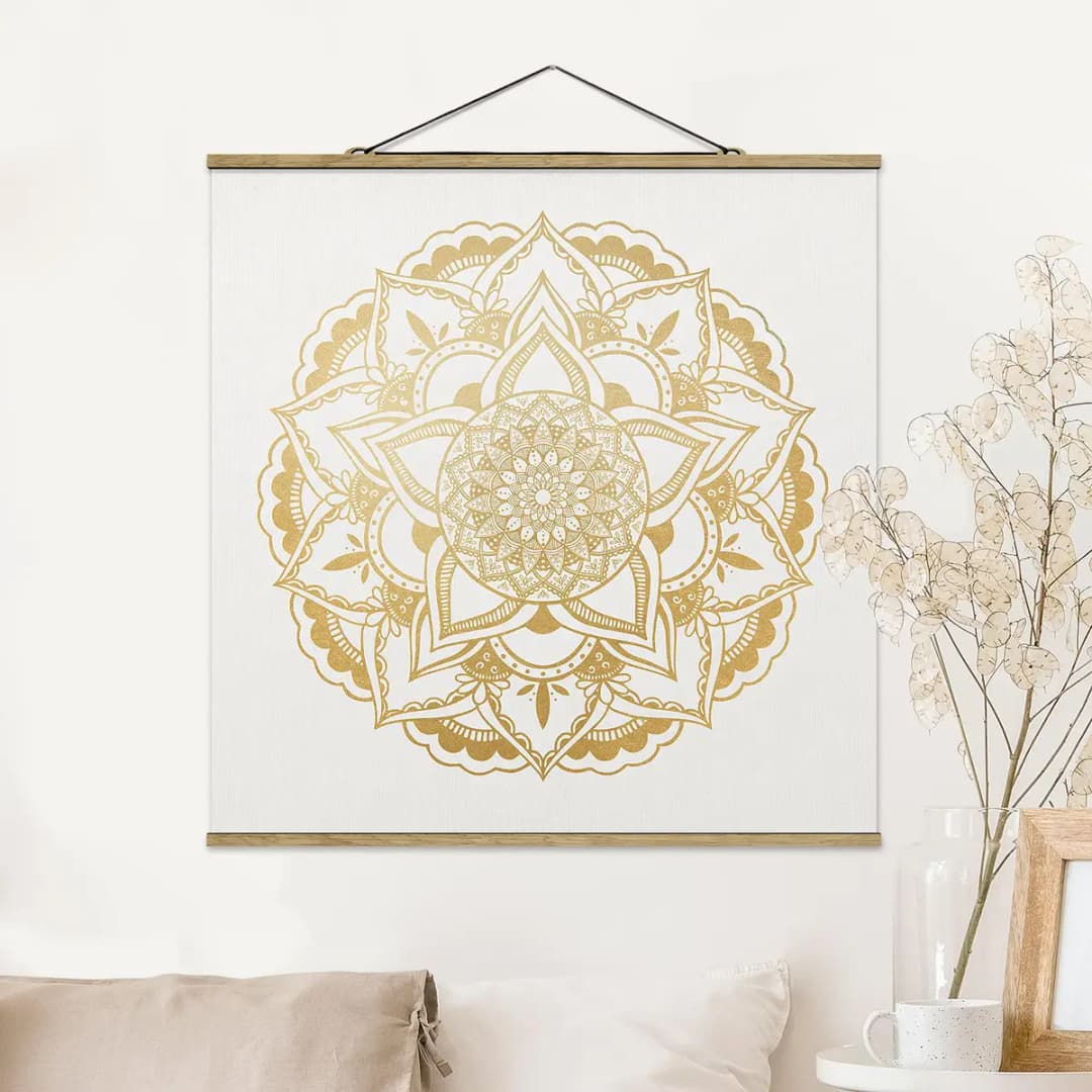 Stoffbild Mandala Blume Webstoff Gold | Gold